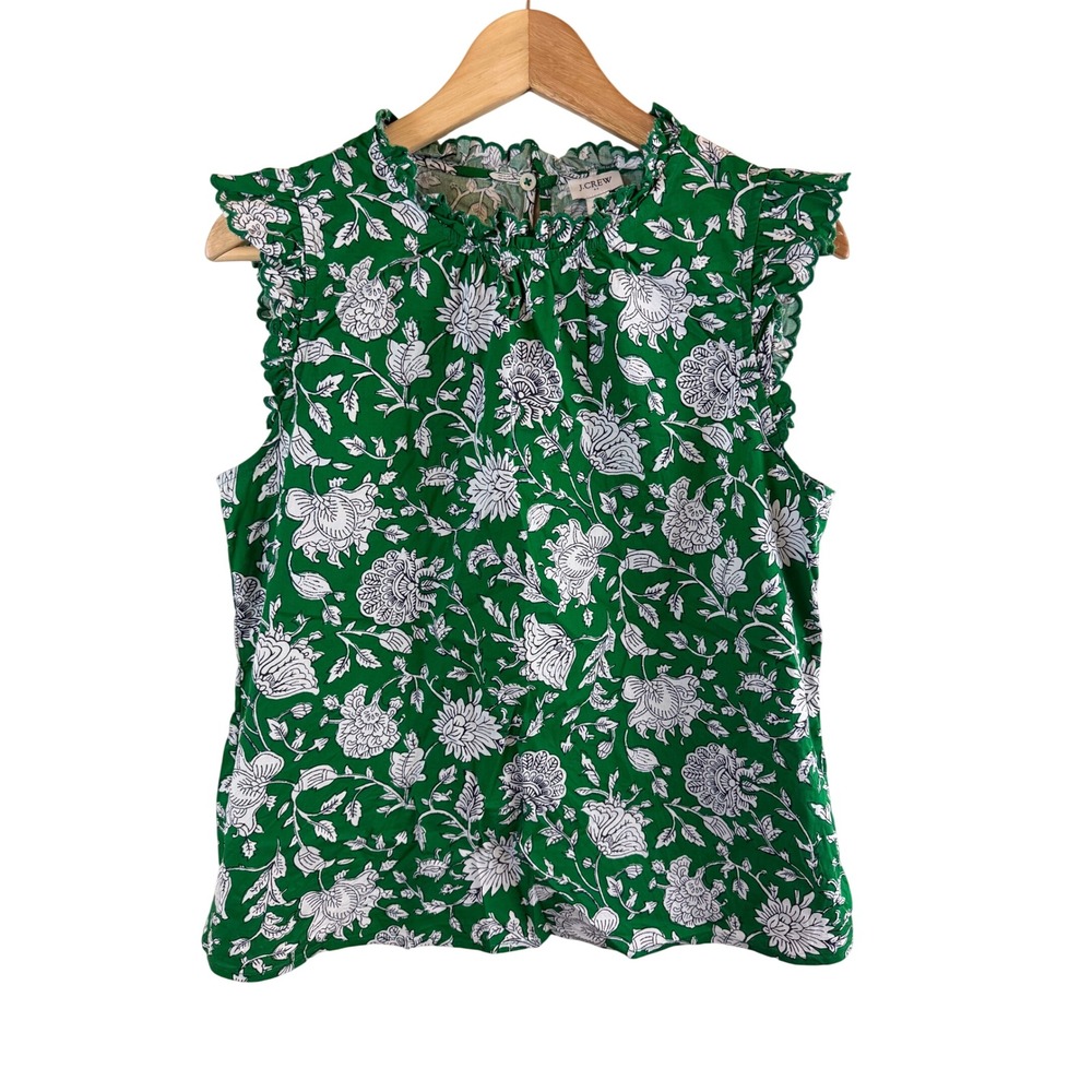 J.Crew Sleeveless Ruffle Trim Top Tank Womens Medium Green Floral